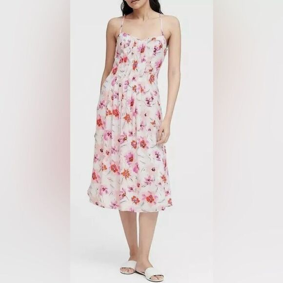 Banana Republic Pintuck White Pink Floral Spaghetti Straps Cross Midi Dress - Picture 2 of 16